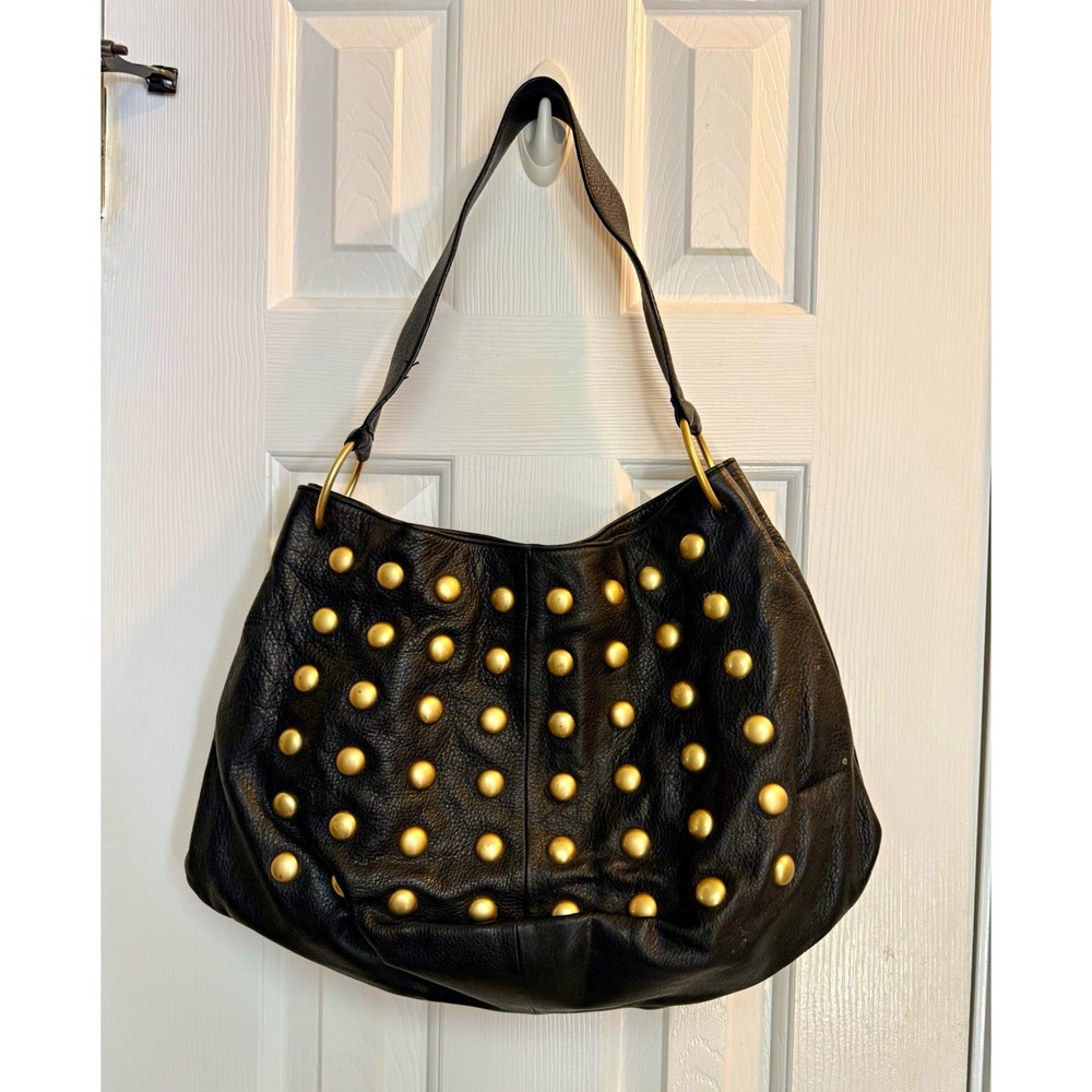 Harold's Black Leather Hobo Bag Gold Studded Large Slouchy Shoulder Handbag